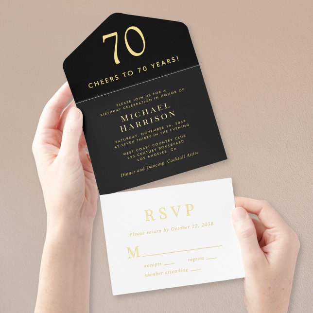 Tout En Un Invitation Élégante Black 70th Birthday Party (Créateur téléchargé)