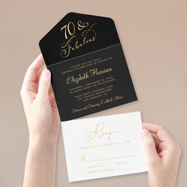 Tout En Un Invitation Élégante Black 70th Birthday Party (Créateur téléchargé)