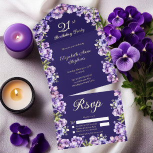 Tout En Un Invitation Élégante Violette violette Florale 21e fête d'anni