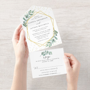 Tout En Un Invitation Eucalyptus Mariage géométrique Real Foil Pressé