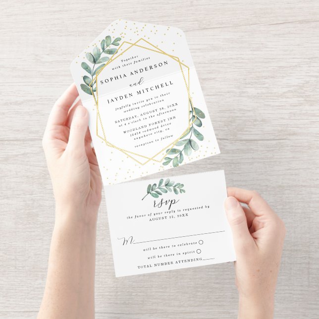 Tout En Un Invitation Eucalyptus Mariage géométrique Real Foil Pressé (Détachable)