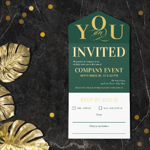 Tout En Un Invitation Événement d'entreprise Deep Green Gold Typographie