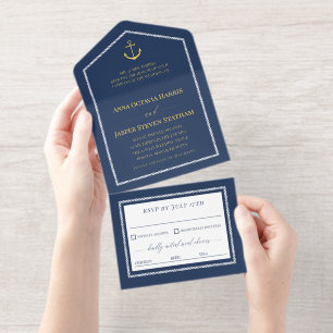 Tout En Un Invitation Faire-part de mariage nautique Ancre Or Navy 