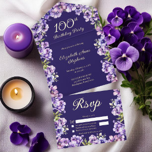 Tout En Un Invitation Fête d'anniversaire de 100 ans aux violettes pourp