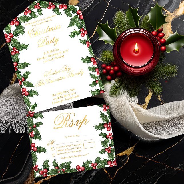 Tout En Un Invitation Fête de Noël Elegant Holly et Berries (Elegant Holly and Berries Frame Christmas Party All in One Invitation - White | Red)