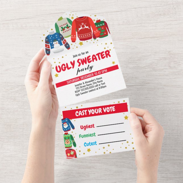 Tout En Un Invitation fête Pull de Noël Moche tout-en-un (Déchirure)