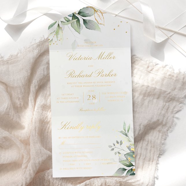 Tout En Un Invitation Feuilles d'or de verdure d'eucalyptus Mariage bota (Créateur téléchargé)