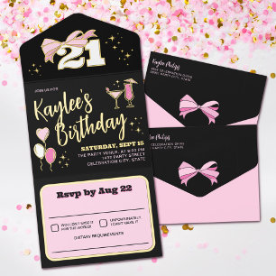 Tout En Un Invitation Fille Noir Rose Gold Bow 21 fête d'anniversaire