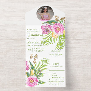Tout En Un Invitation Fleurs aquarelles de pivoines roses Photo Quinceañ