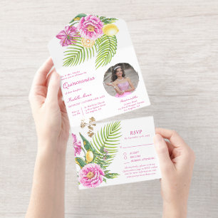 Tout En Un Invitation Fleurs aquarelles de pivoines roses Photo Quinceañ