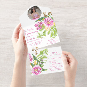 Tout En Un Invitation Fleurs aquarelles de pivoines roses Photo Quinceañ