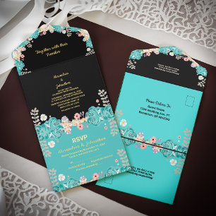 Tout En Un Invitation Fleurs de mariage Aquarelle Florales Black Foil