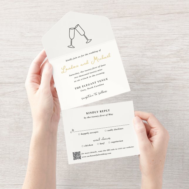 Tout En Un Invitation Flûtes à main Doodle QR Code Mariage moderne (Détachable)