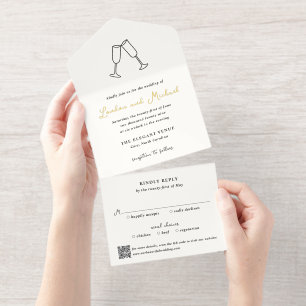 Tout En Un Invitation Flûtes Dessinées à la Main Code QR Moderne Mariage