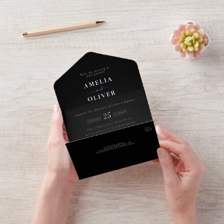 Tout En Un Invitation Foil Argent Code QR Sombre Noir Typographique Mari