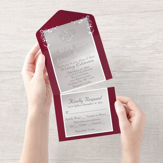 Tout En Un Invitation Foil Ornate Frame & Heart - Burgundy (Détachable)