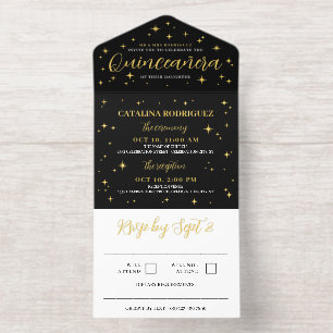 Tout En Un Invitation Golden Stars & Flares Pas de photo Quinceañera