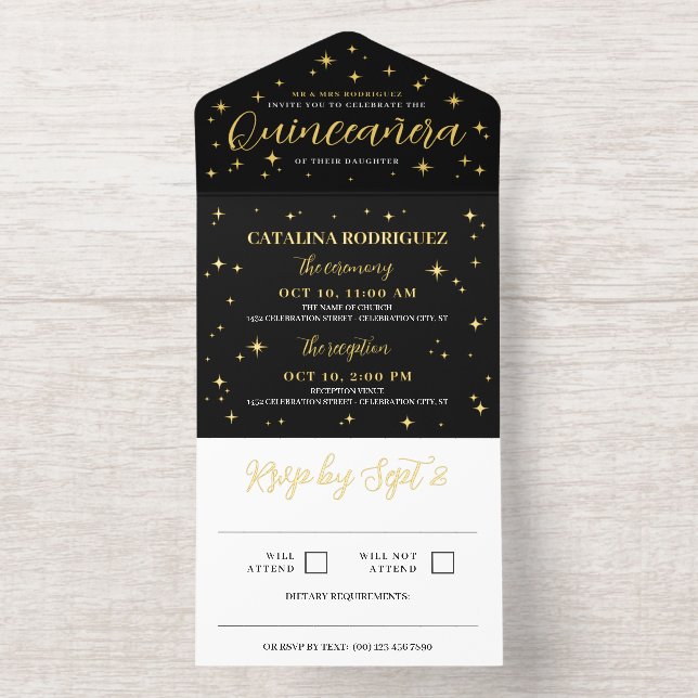 Tout En Un Invitation Golden Stars & Flares Pas de photo Quinceañera (Intérieur)