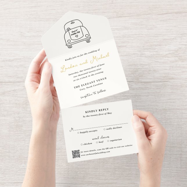 Tout En Un Invitation Hand Drawn Car Doodle QR Code Modern Wedding (Détachable)