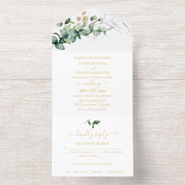 Tout En Un Invitation Mariage de calligraphie Eucalyptus de verdure rust (Intérieur)