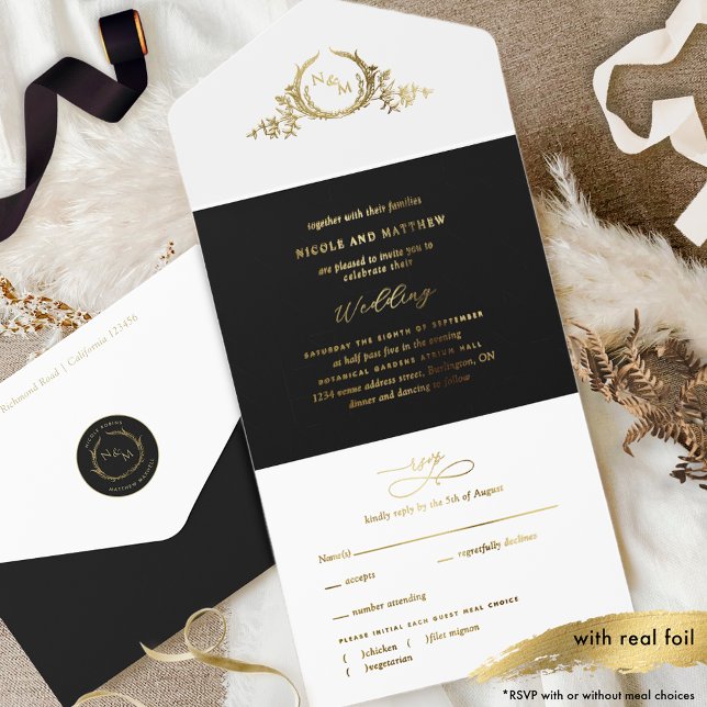Tout En Un Invitation Mariage de monogramme élégant Black and Real Gold  (Créateur téléchargé)