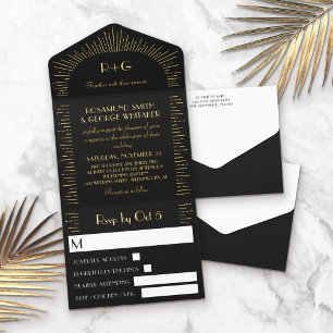 Tout En Un Invitation Mariage de monogramme noir rétrograde Golden Sunbu