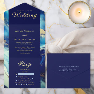 Tout En Un Invitation Mariage Élégant de Luxe Bleu Nuit et Marbre Doré