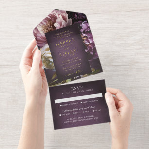 Tout En Un Invitation Mariage Élégant Floral Art Fin Pourpre Foncé