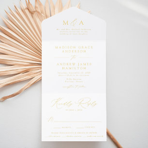 Tout En Un Invitation Mariage Élégant Moderne Monogramme Doré sur Feuill