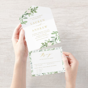 Tout En Un Invitation Mariage Fleurs Blanches et Verdure à l'aquarelle