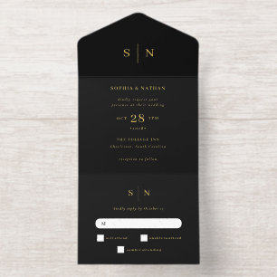 Tout En Un Invitation Mariage minimaliste et chic   Noir et or