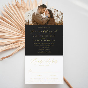 Tout En Un Invitation Mariage Moderne Photo avec Écriture à la Feuille d