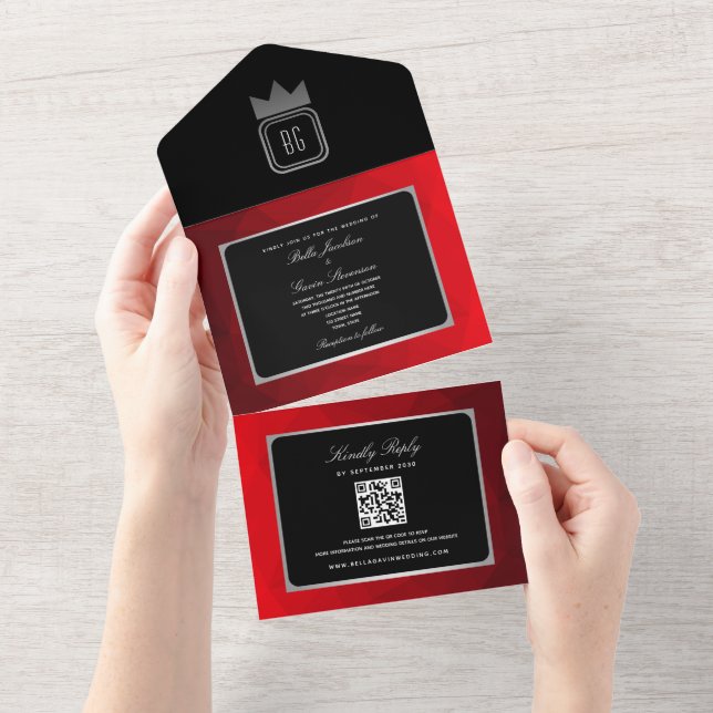 Tout En Un Invitation Mariage Monogramme Noir Rouge Argent Mo (Déchirure)