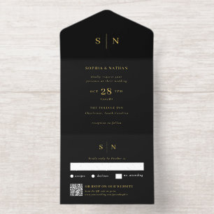 Tout En Un Invitation Minimaliste et Chic Noir Code QR Mariage Feuille