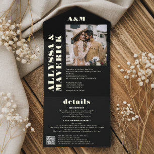 Tout En Un Invitation Moderne élégant photo qr code noir mariage