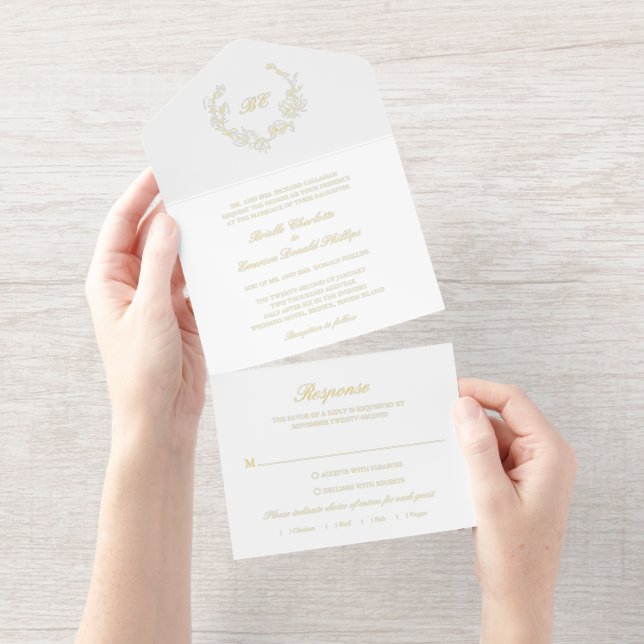 Tout En Un Invitation Monogramme de couronne Élégant mariage (Détachable)