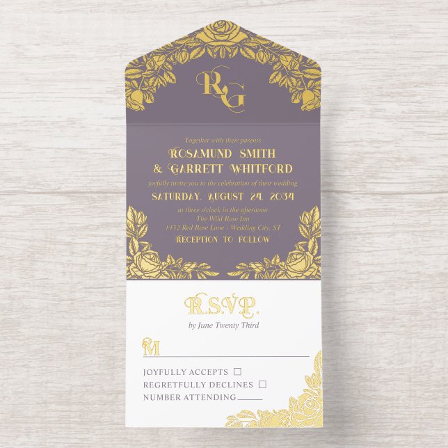 Tout En Un Invitation Monogramme Rose de l'huile dorée Dusty Lavender (Intérieur)