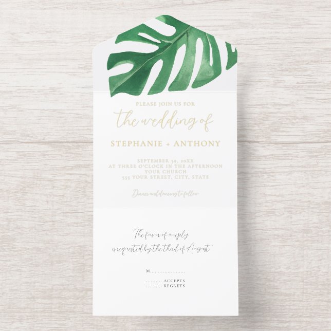 Tout En Un Invitation Monstère tropicale verte Feuille Mariage d'été (Intérieur)