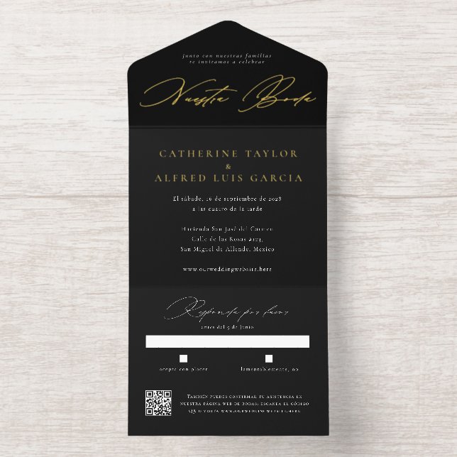 Tout En Un Invitation Nuestra Boda Spanish Language Black Script Wedding (Intérieur)