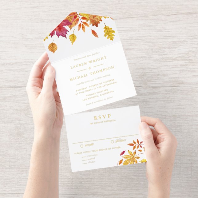 Tout En Un Invitation Rustic Watercolor Falling Leaves Autumn Wedding (Détachable)