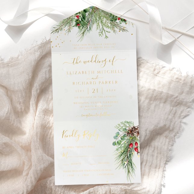 Tout En Un Invitation Rustique hiver verdure Berries Pine Cone Mariage (Créateur téléchargé)