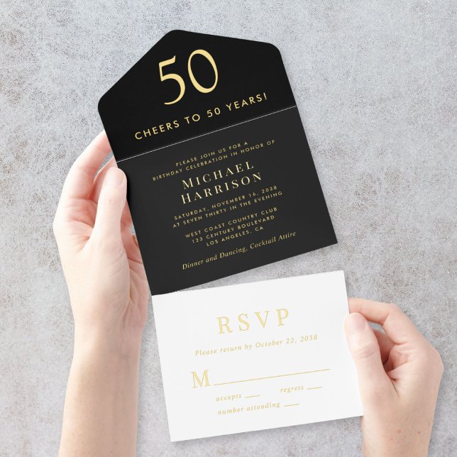 Tout En Un Invitation Soirée de 50e anniversaire en noir élégant (Créateur téléchargé)