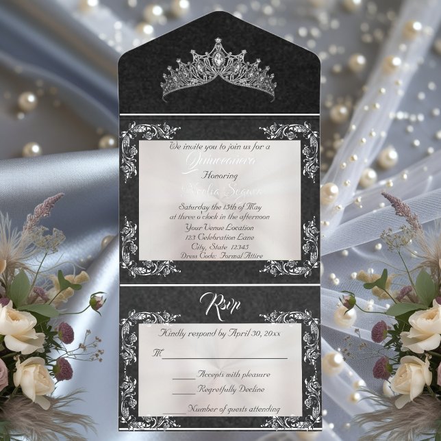 Tout En Un Invitation Tiara & Foil Leaf Frame Quinceanera - Pearl/Silver (Créateur téléchargé)