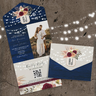Tout En Un Invitation tout-en-un code QR Navy rustique