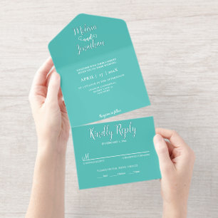 Tout En Un Invitation Turquoise Blanc Élégant Mariage Marié et Groom Foi