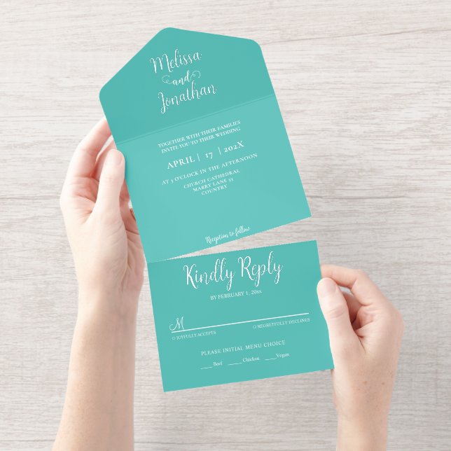 Tout En Un Invitation Turquoise Blanc Élégant Mariage Marié et Groom Foi (Détachable)