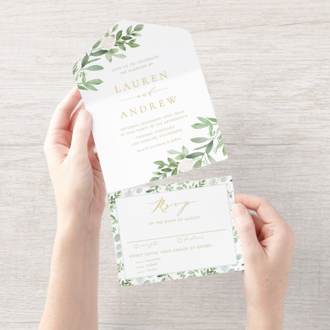 Tout En Un Invitation Watercolor White Flowers and Greenery Wedding (Détachable)