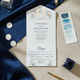 Tout En Un Invitation Winter Cream Bow Dusty Blue Blush Floral Wedding