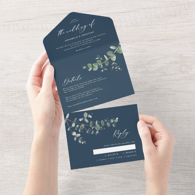 Tout En Un Mariage Eucalyptus botanique bleu invitation + rsv (Déchirure)