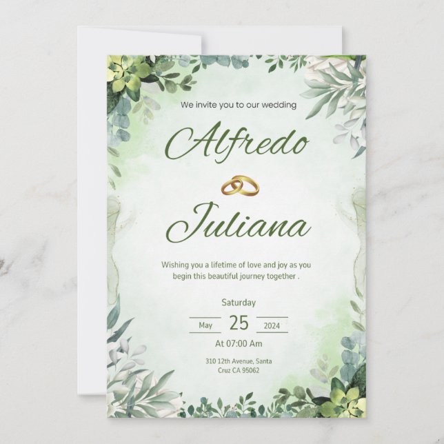 Tout en Un Sage Vert Fleuris Mariage Invitation Fr (Devant)